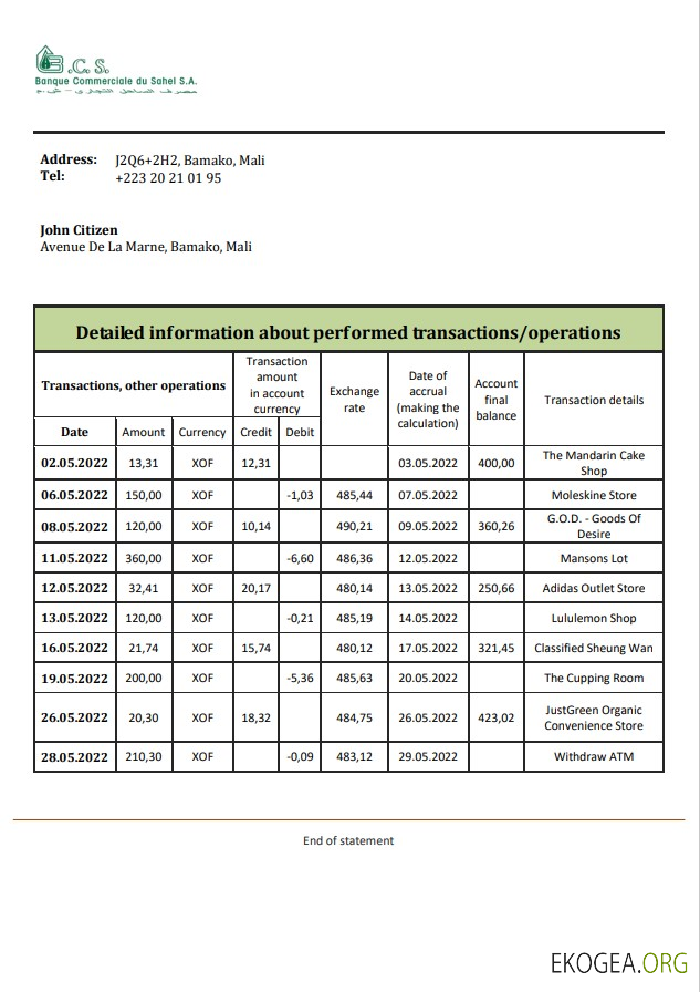 Relevé bancaire de la Banque Commerciale du Sahel du Mali template Relevé bancaire de la Banque Commerciale du Sahel du Mali template